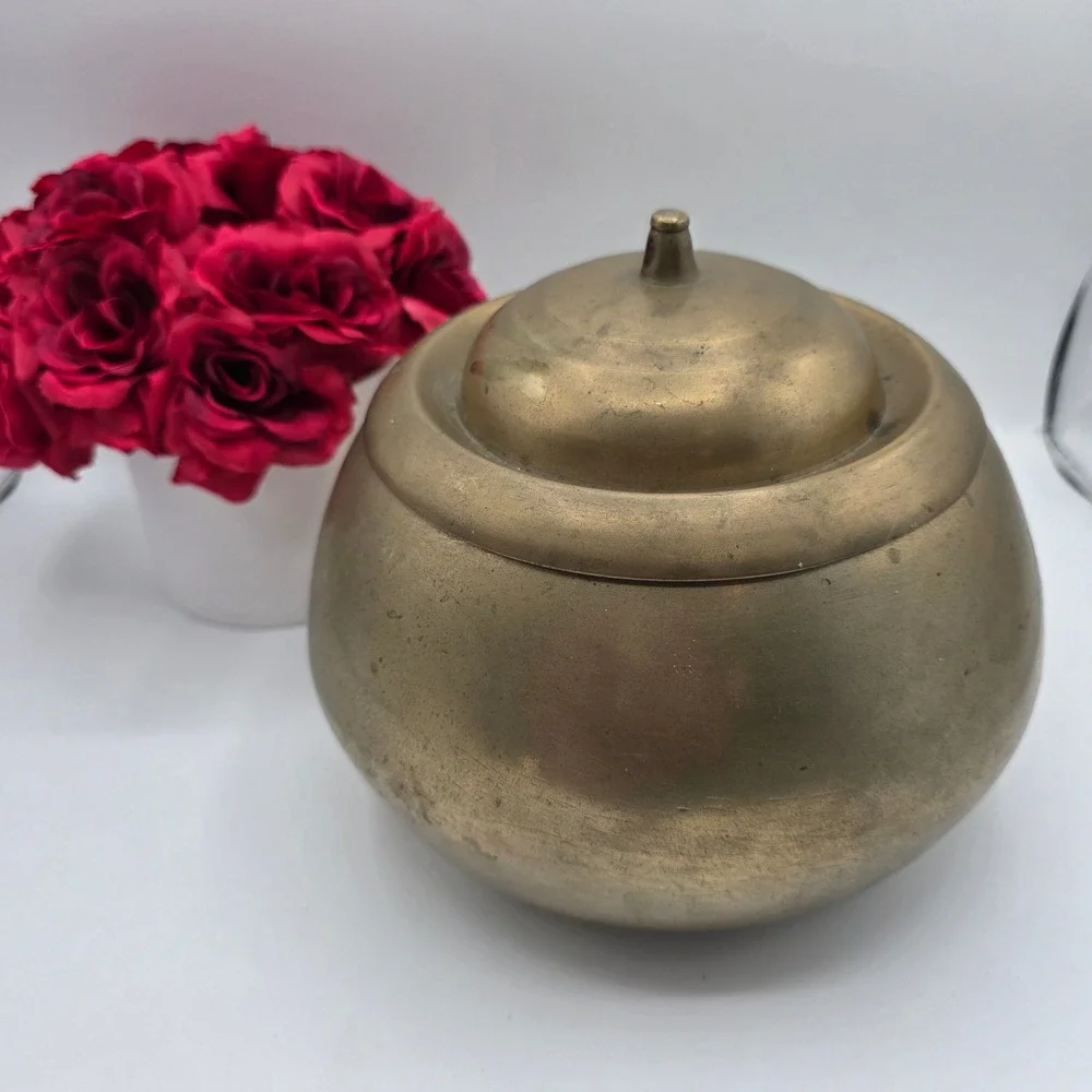 Vintage Solid Brass Ginger Jar Lidded Pot Round Storage Container Asian Markings